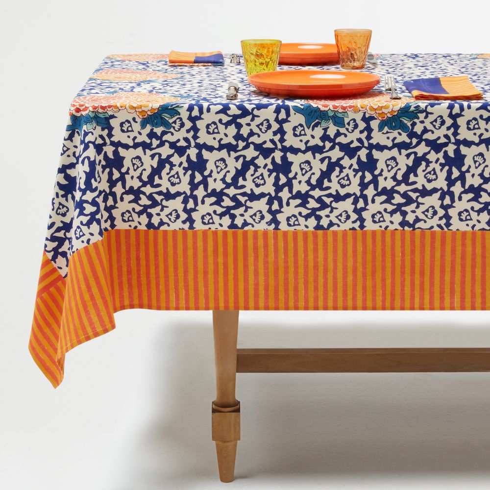 Lisa Corti Arabesque Corolla Blue Tovaglia in cotone naturale 180x270cm
