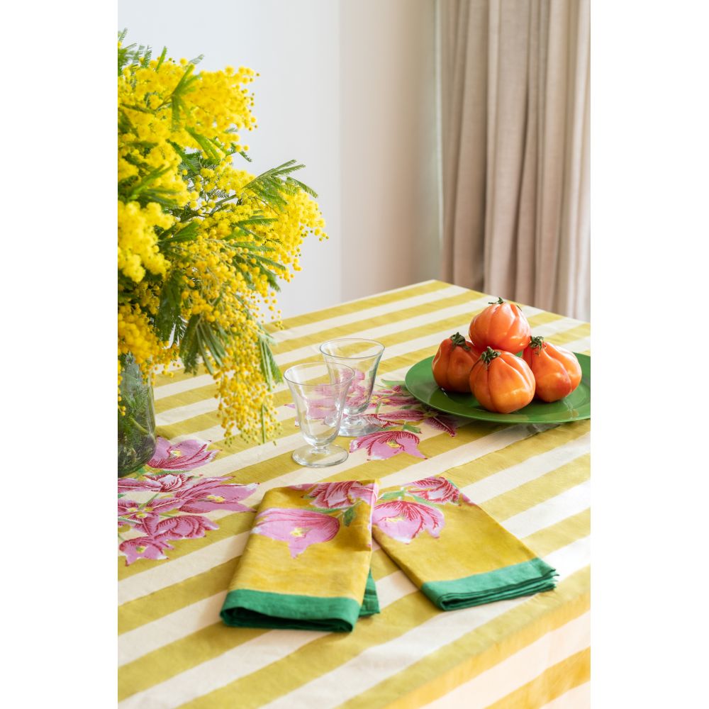 Tovaglia in cotone Issimo X Lisa Corti Bougainvillea Stripes Off White Mustard 180x270cm
