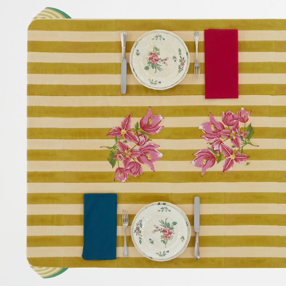 Tovaglia in cotone Issimo X Lisa Corti Bougainvillea Stripes Off White Mustard 180x270cm
