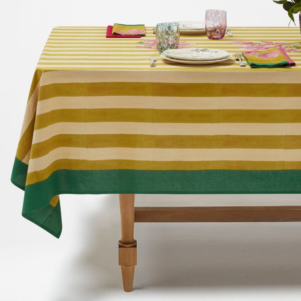 Tovaglia in cotone Issimo X Lisa Corti Bougainvillea Stripes Off White Mustard 180x270cm