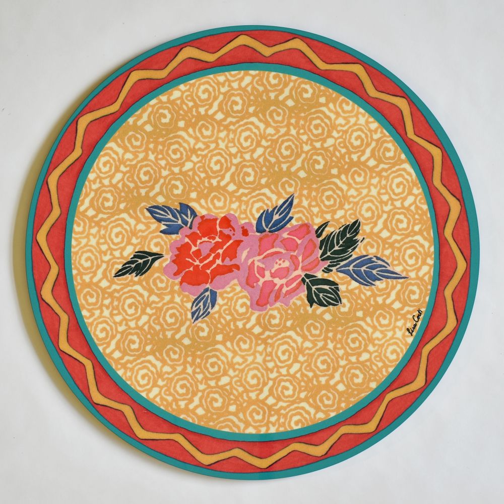 Tovaglietta rotonda Lisa Corti Small Spiral Mustard con retro in sughero - 34 cm