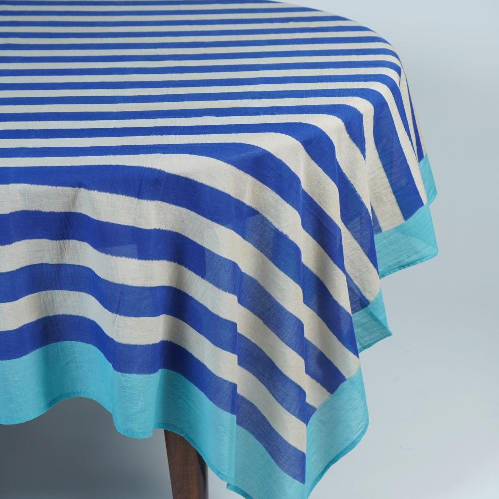 Lisa Corti Nizam Stripes Blue Natural tovaglia da pranzo 180x350cm in mussola