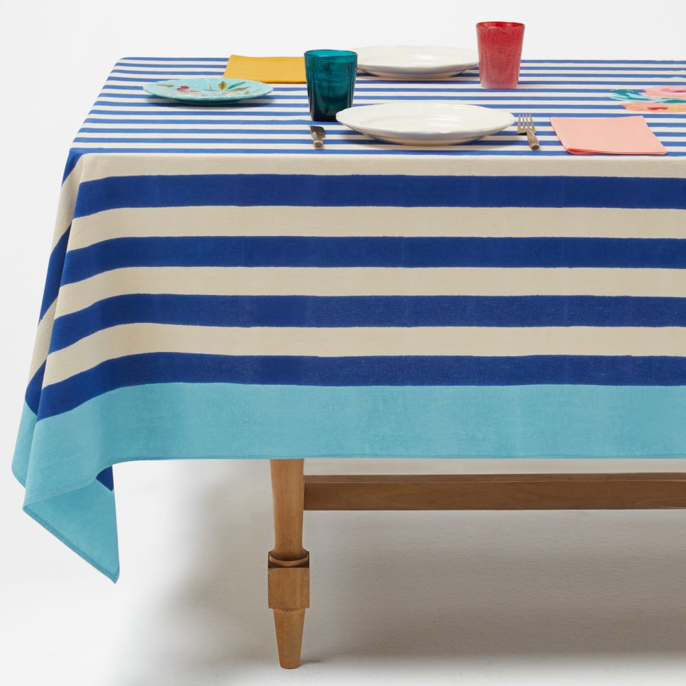 Lisa Corti Nizam Stripes Blue Natural tovaglia da pranzo 180x350cm in mussola