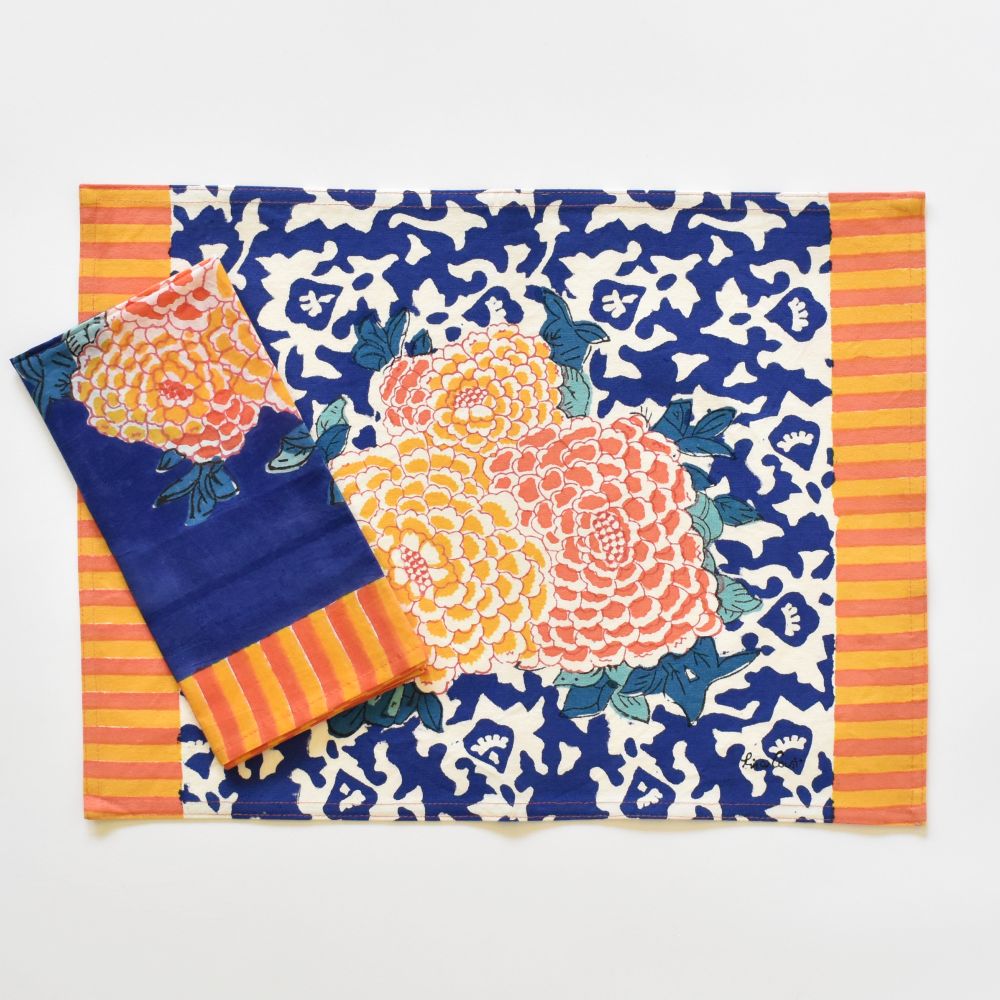 Tovagliette in tela di cotone naturale Lisa Corti Arabesque Corolla Blue 35x48cm - set da 4