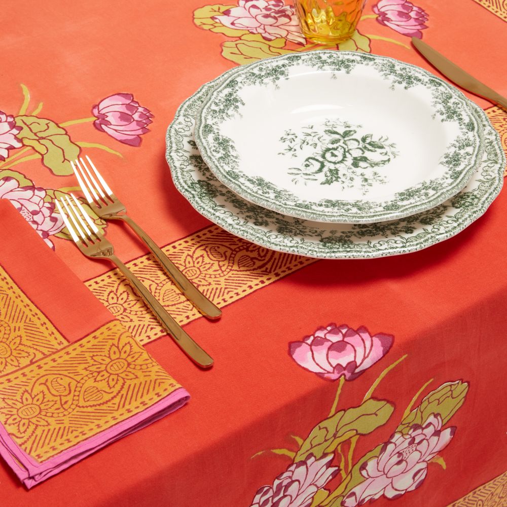 Tovaglia Lisa Corti Tea Flower Red Orange in cotone quadrato 220x220cm