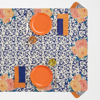 Lisa Corti Arabesque Corolla Blue Tovaglia in cotone naturale 180x270cm