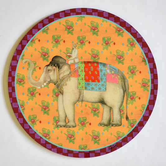 Tovaglietta rotonda Lisa Corti Elephant Saffron Gold con retro in sughero - 34 cm