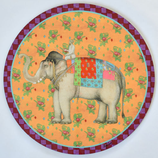 Tovaglietta Lisa Corti Elephant Saffron Gold con retro in sughero - rotonda da 39 cm
