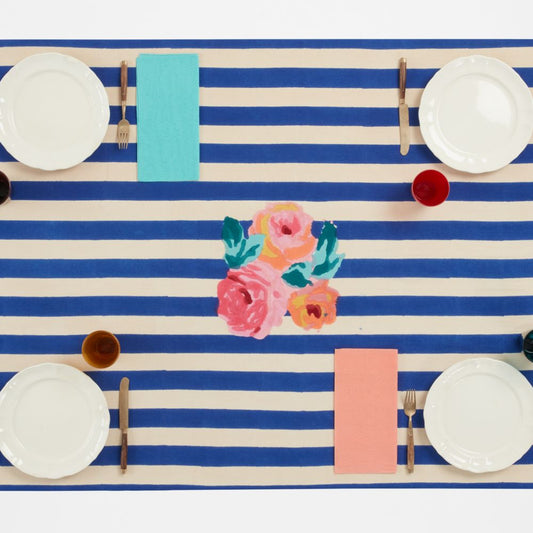Lisa Corti Nizam Stripes Blue Natural tovaglia da pranzo 180x350cm in mussola