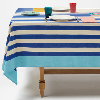 Lisa Corti Nizam Stripes Blue Tovaglia in cotone naturale 180x270cm