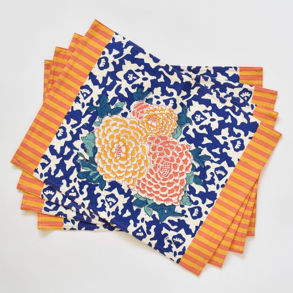 Tovagliette in tela di cotone naturale Lisa Corti Arabesque Corolla Blue 35x48cm - set da 4