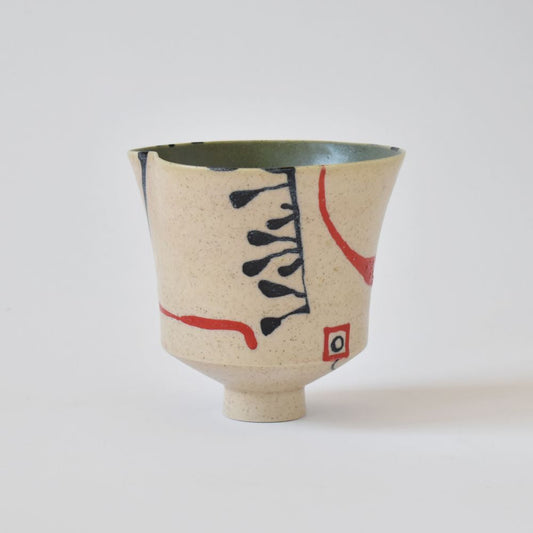 Vaso svasato in gres Marino Moretti con decori rosso e blu